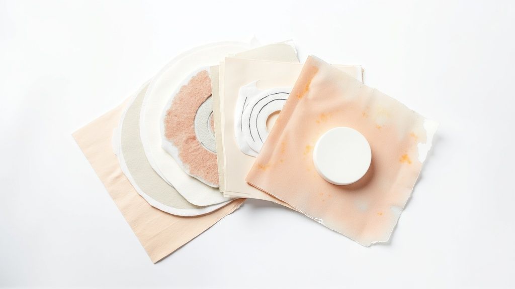 A top-down view of various ostomy care supplies and a cream container on a white surface.