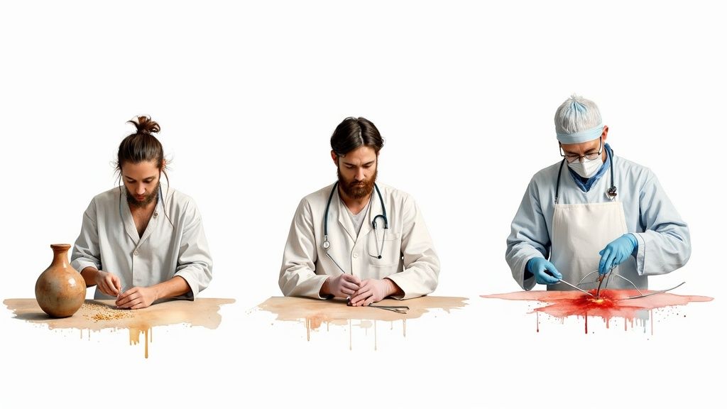 Artistic depiction of wound care evolution: traditional preparation, clinical tool use, and surgical debridement.