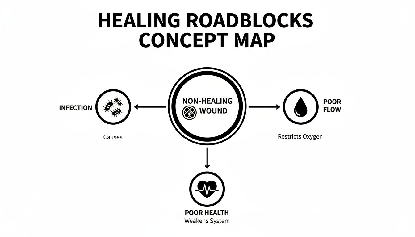Diagram illustrating healing roadblocks: infection, poor flow restricting oxygen, and poor health.