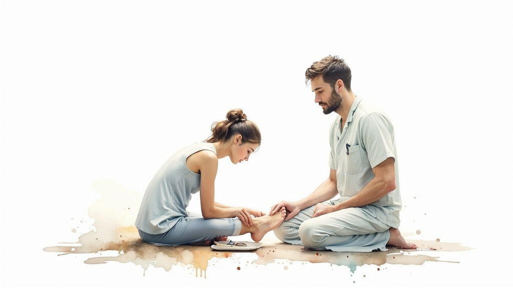 A medical professional providing gentle foot care to a patient.