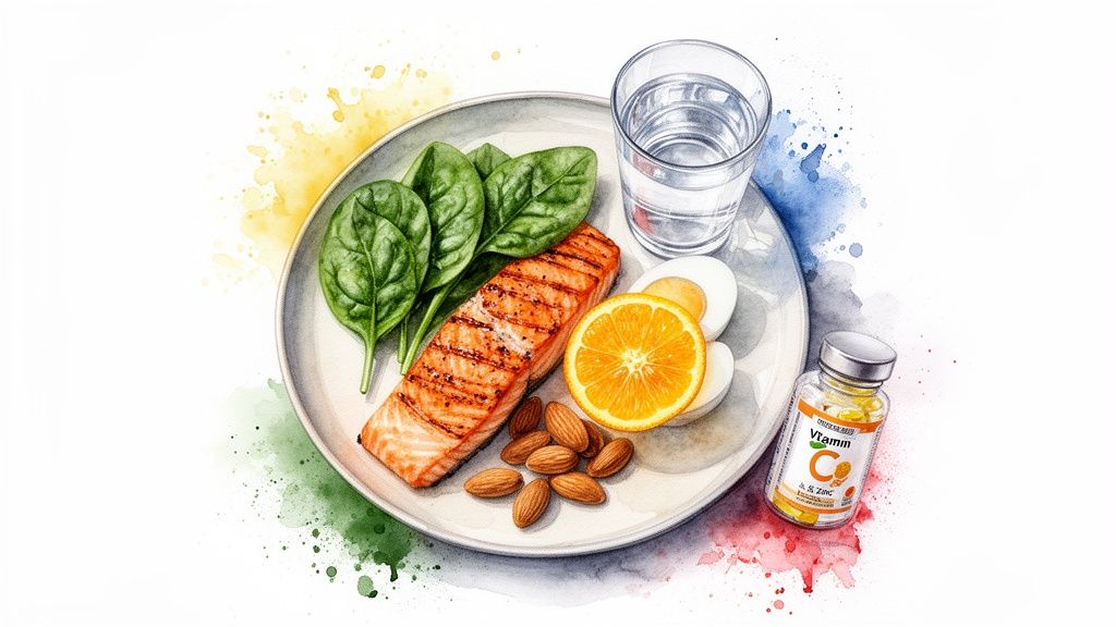 A watercolor illustration of a healthy meal with salmon, spinach, eggs, orange, almonds, water, and Vitamin C.