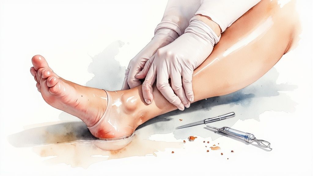 Gloved hands performing a medical procedure on a lower leg with a blister, surgical tools nearby.