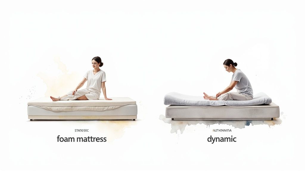 Comparison of a woman sitting on a firm foam mattress versus a conforming dynamic mattress.