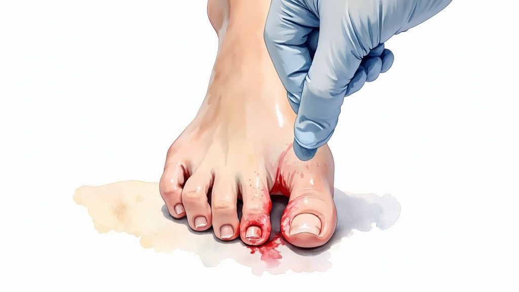 A gloved hand examines an injured foot with two bleeding toes, showing signs of non-healing wounds.