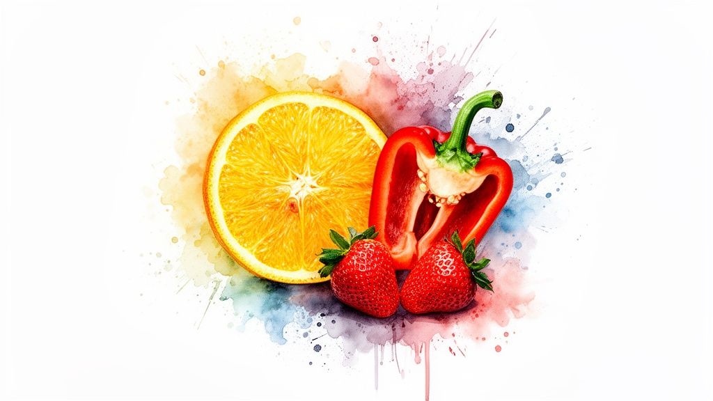 A vibrant still life of an orange slice, red bell pepper half, and two strawberries with colorful watercolor splashes.