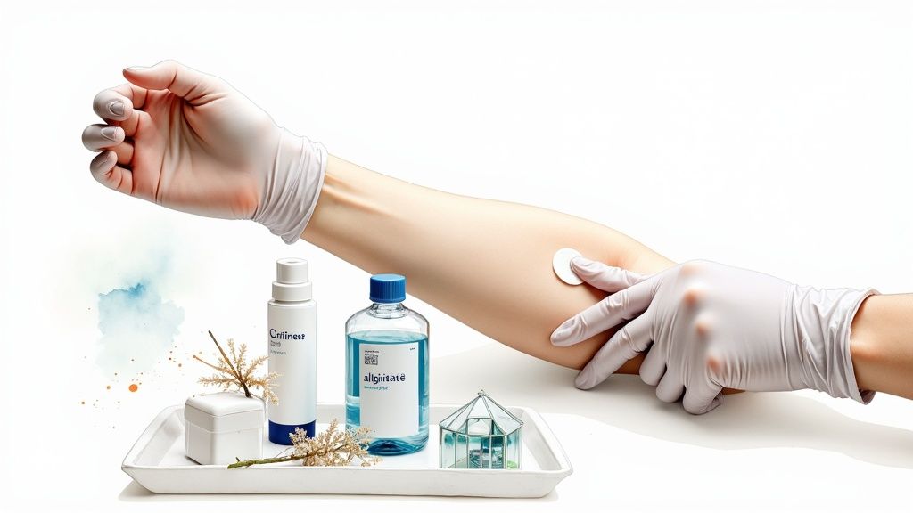 A medical professional in white gloves applies a circular patch to a patient's arm, with care products on a tray.