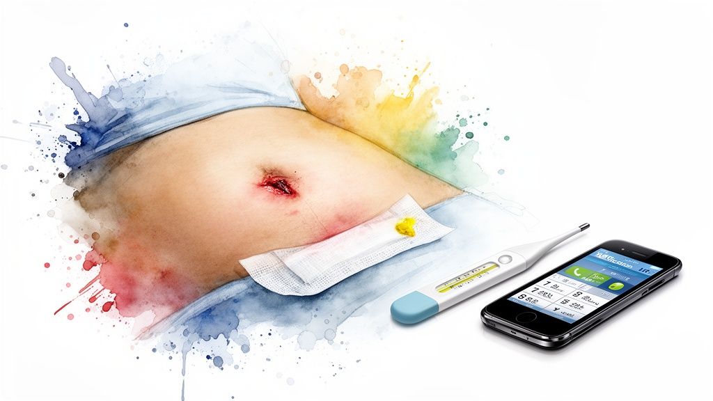 A watercolor illustration of an abdomen with an infected surgical wound, a thermometer, and a smartphone for remote care.