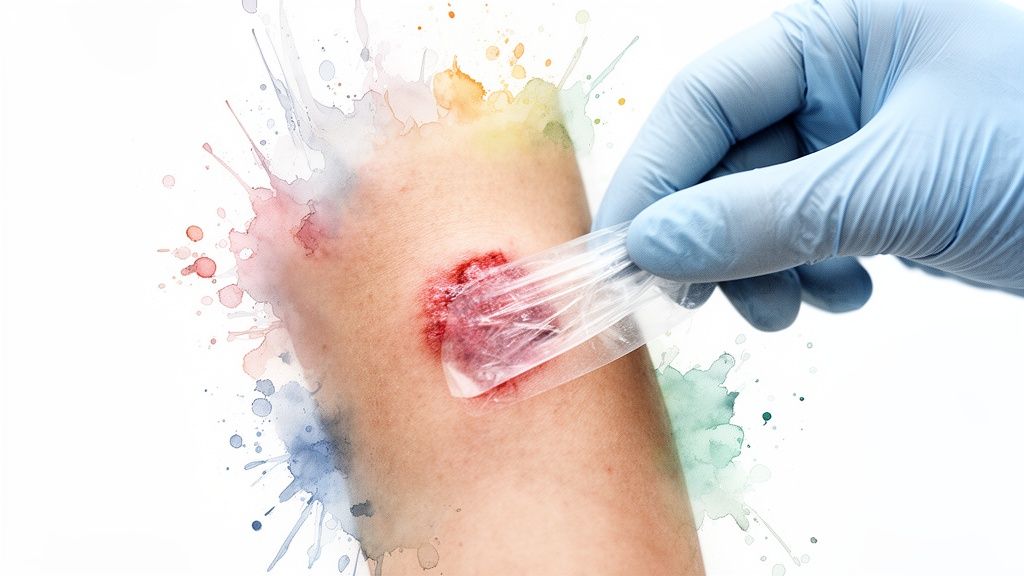 A gloved hand applies a clear dressing to a fresh, red wound on a person's skin, with watercolor art.