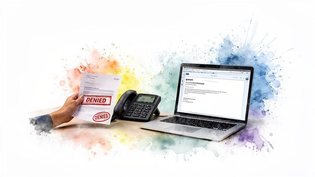 A hand holds a 'DENIED' document next to a desk phone and laptop, surrounded by colorful watercolor splashes.
