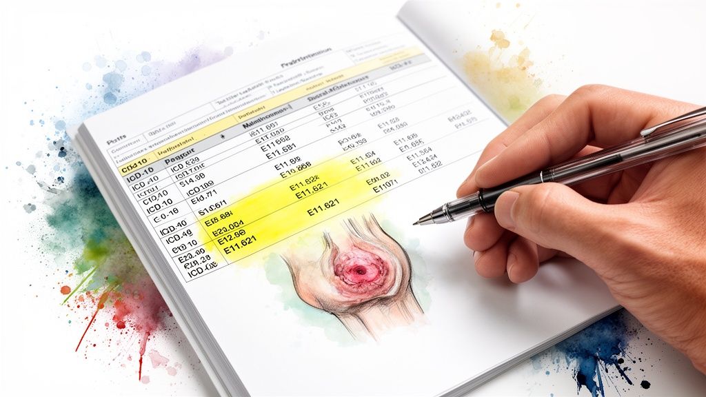 Hand with pen examining medical coding document showing ICD-10 codes and a wound illustration.