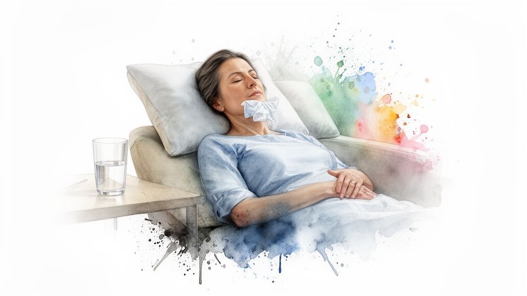 A woman rests on a sofa with a tissue near her mouth, a glass of water nearby, depicting recovery.
