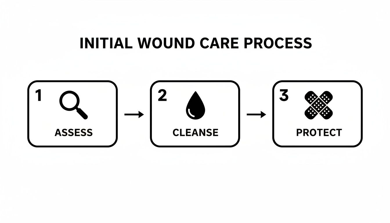 Diagram showing three essential steps for initial wound care: assess, cleanse, and protect.