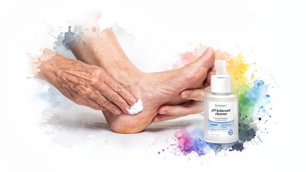 Elderly hands applying a pH-balanced cleanser to a foot, with a product bottle nearby.