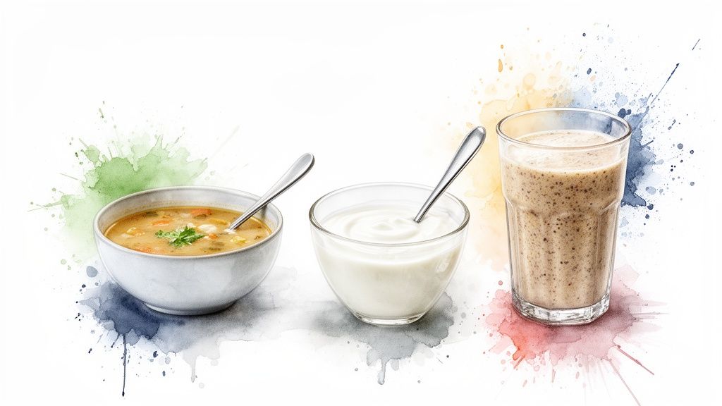 Three soft, easy-to-eat foods: a bowl of soup, plain yogurt, and a healthy smoothie.