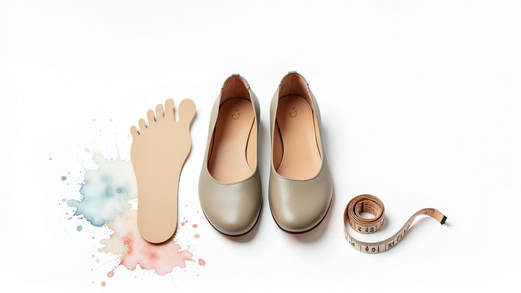 Foot-shaped cutout, ballet flats, and measuring tape on white with watercolor splatters.