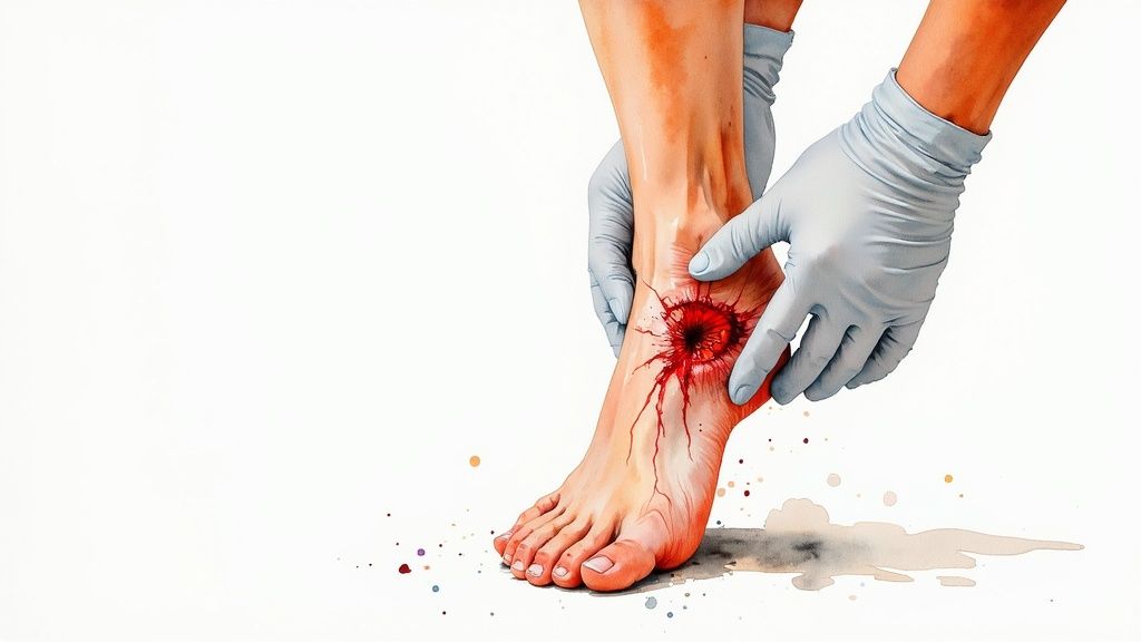A person's foot with a deep, bloody wound, being examined by gloved hands in a watercolor style.