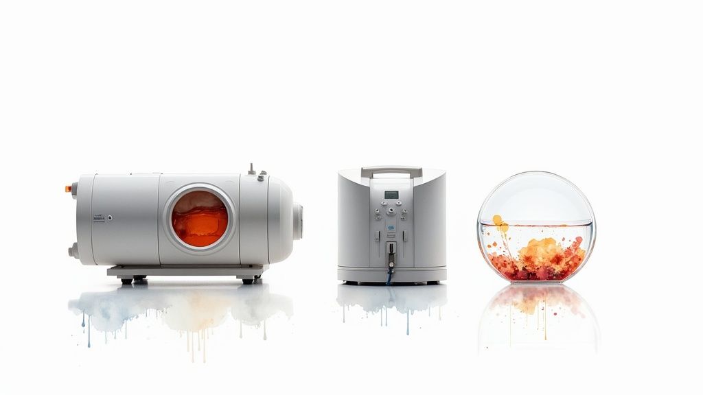 Three advanced medical devices for wound care, including a chamber, control unit, and cell culture.