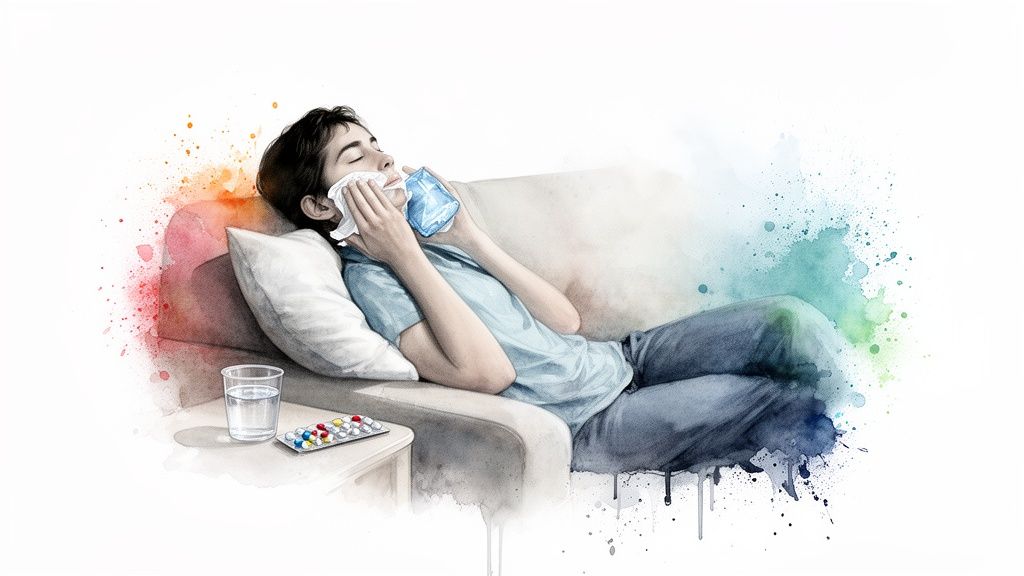 Person resting on a couch with an ice pack on their face and a tissue, near water and pills.