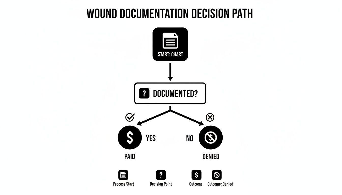Flowchart outlining the wound documentation decision path, leading to 'Paid' if documented, or 'Denied' if not.