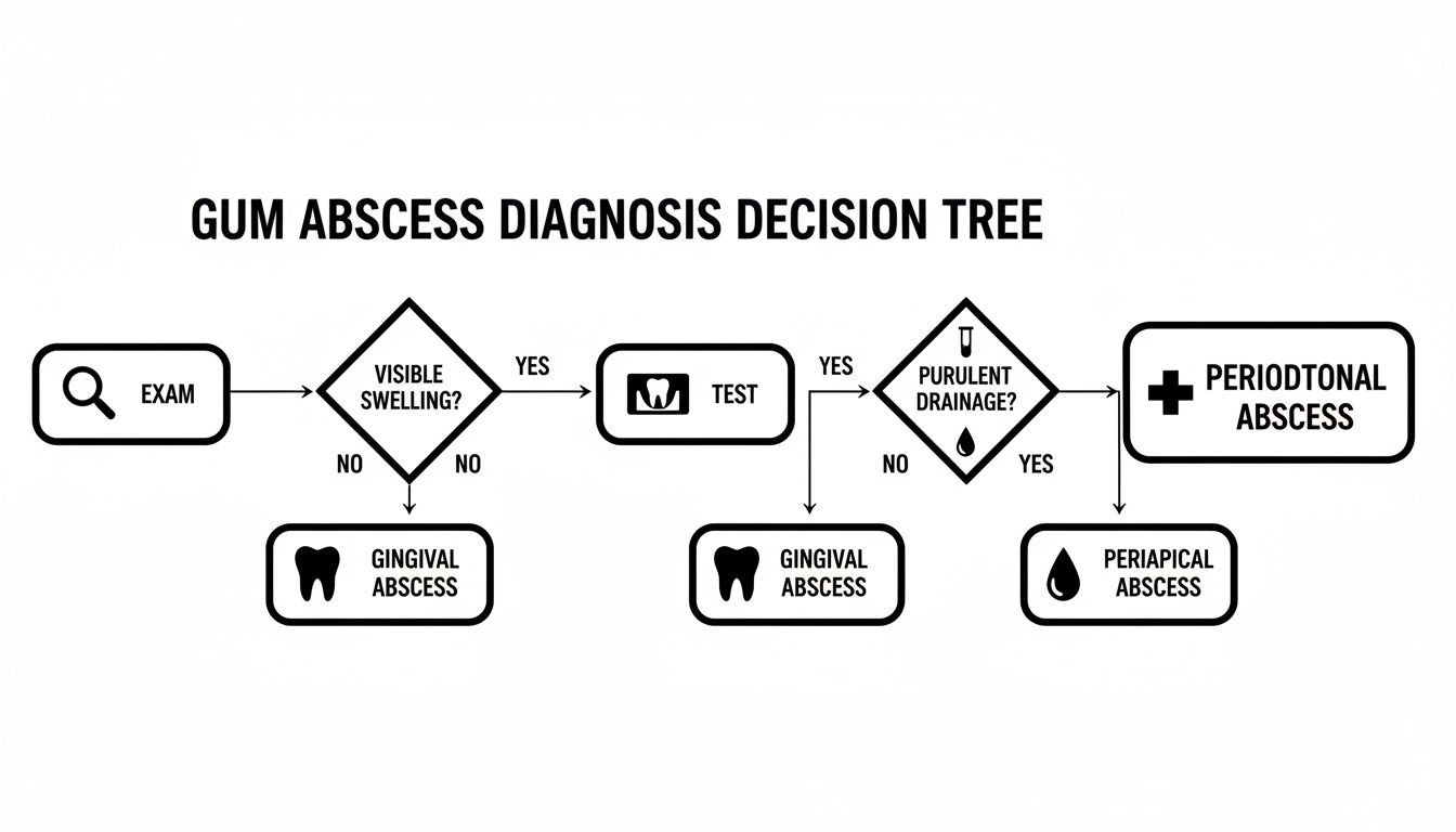 Decision tree flowchart guiding gum abscess diagnosis, including examination, visible swelling, tests, and drainage.