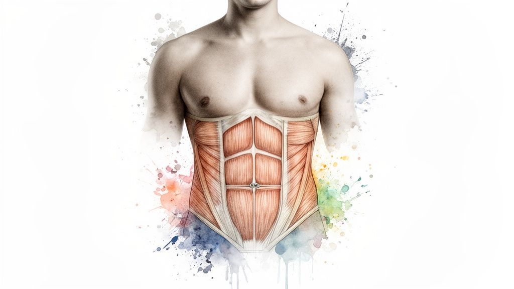 Anatomy illustration of a male torso showing abdominal muscles with a colorful watercolor effect.