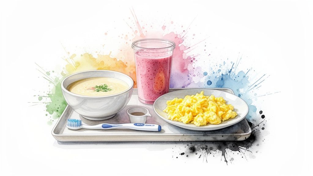A watercolor illustration of a post-surgery meal tray with soup, a smoothie, eggs, and a toothbrush.