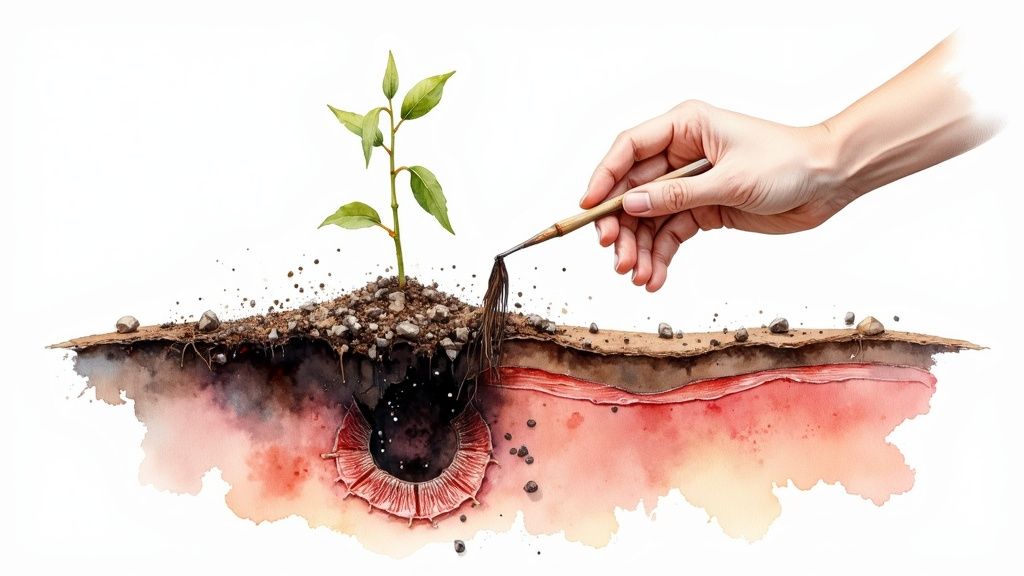 Watercolor illustration of a hand debriding a subsurface wound beneath a growing plant.