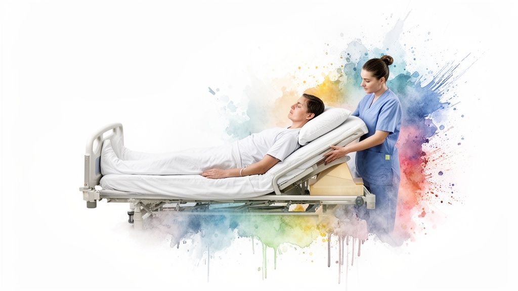 Healthcare professional adjusting a hospital bed for a patient with colorful watercolor background.
