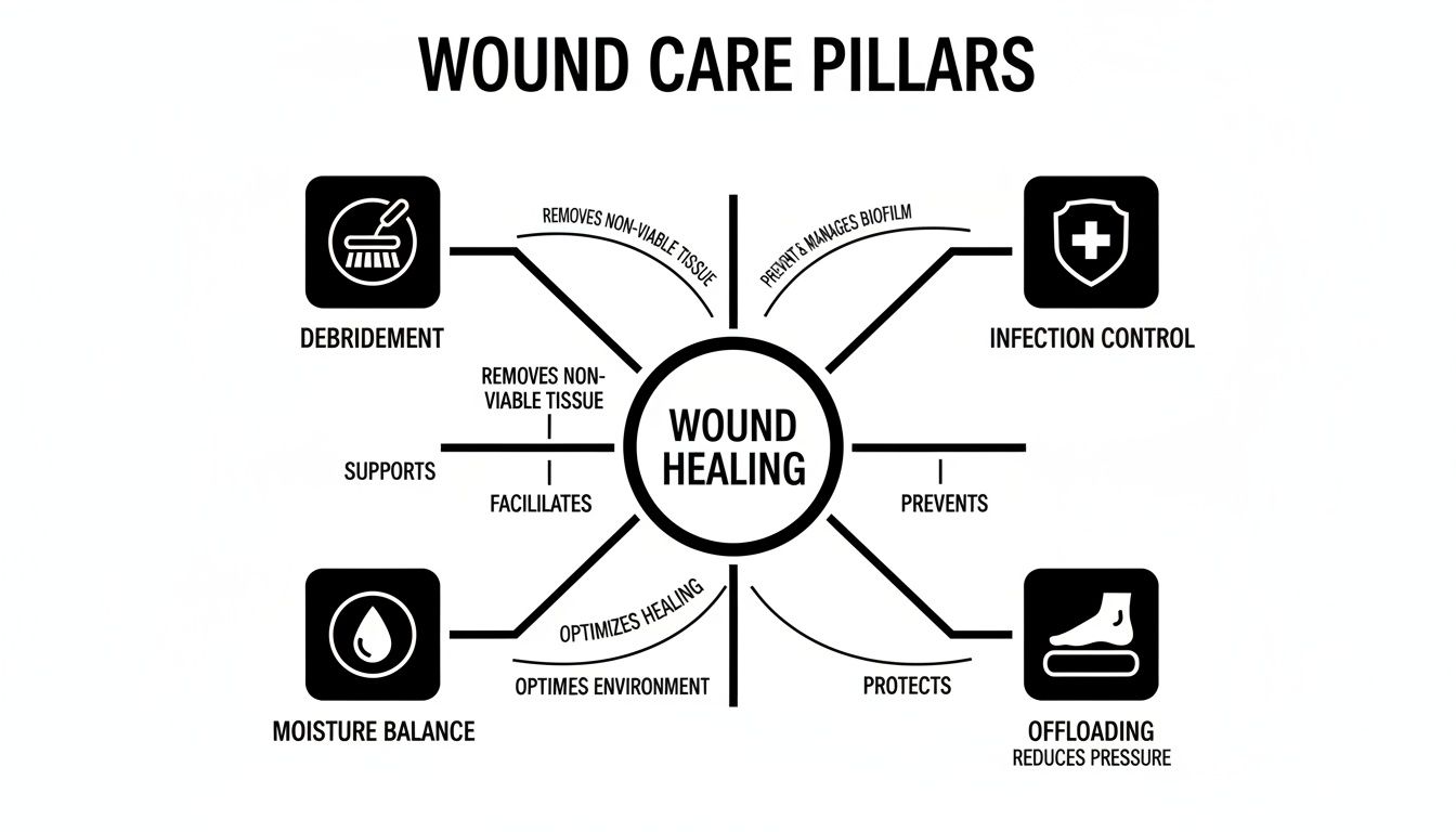 A diagram illustrating the four pillars of wound care: Debridement, Infection Control, Offloading, and Moisture Balance, all supporting wound healing.