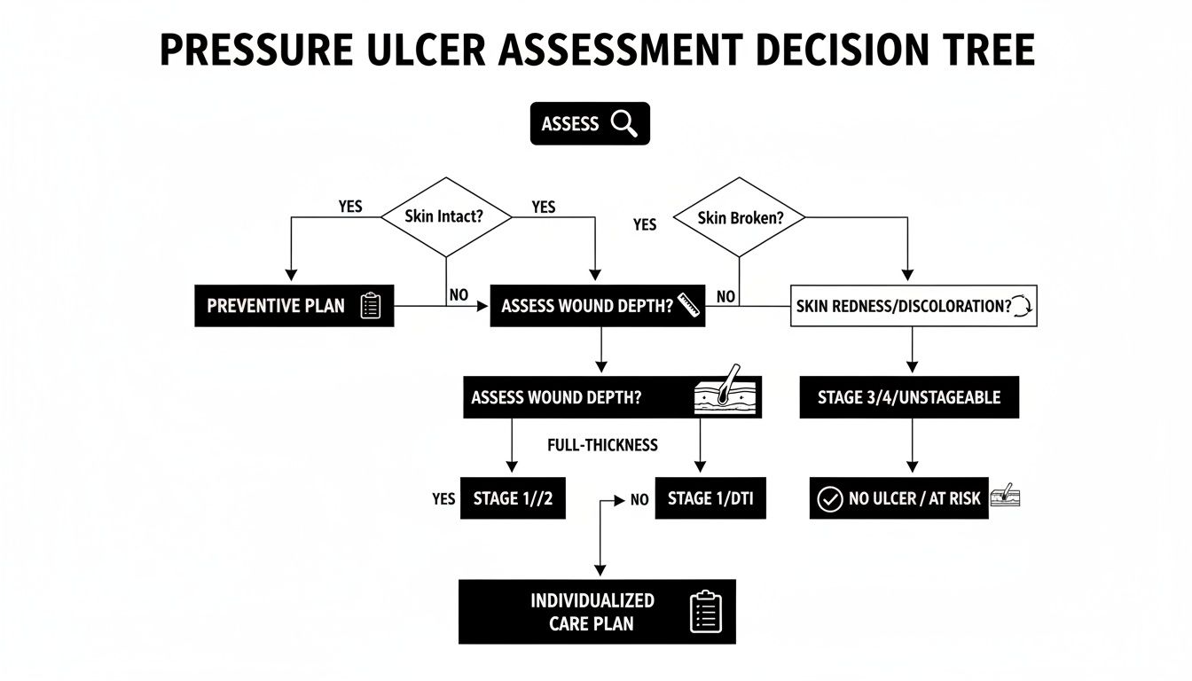 Flowchart illustrating a pressure ulcer assessment decision tree for diagnosis and individualized care planning.