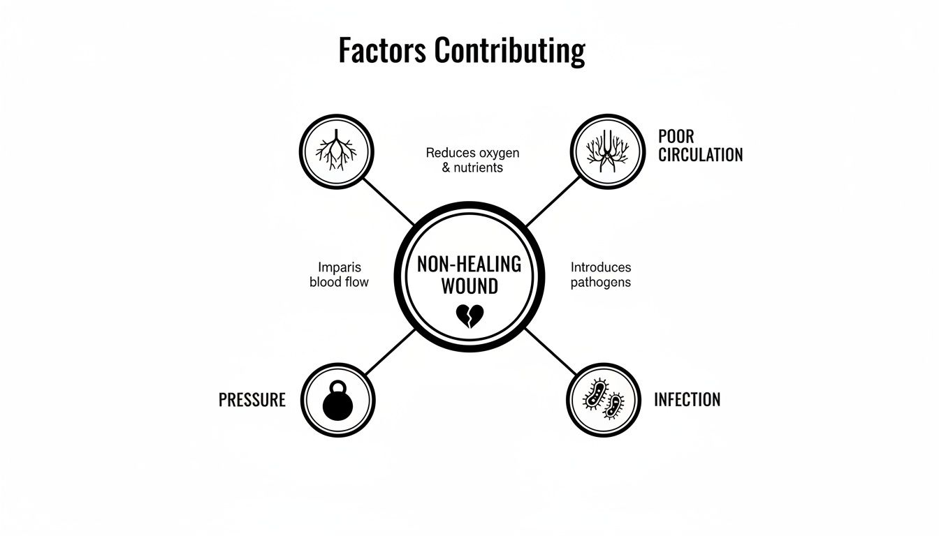 Diagram illustrating factors contributing to non-healing wounds: poor circulation, infection, pressure, and impaired blood flow.