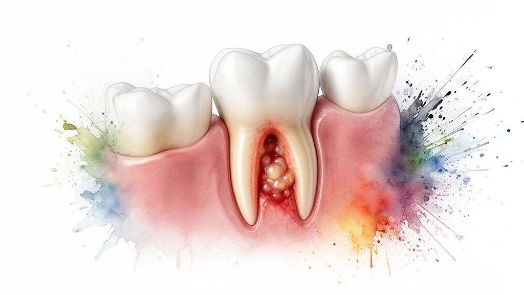 A cross-section of a tooth showing a dental abscess or infection within its root, with watercolor splashes.