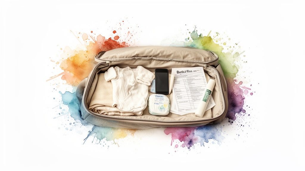 An open bag filled with baby essentials, including a onesie, diapers, phone, and documents, on a vibrant watercolor background.