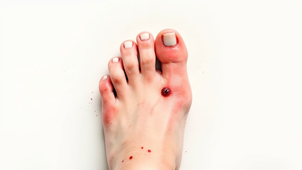 A close-up of a human foot showing a bleeding wound and surrounding redness.