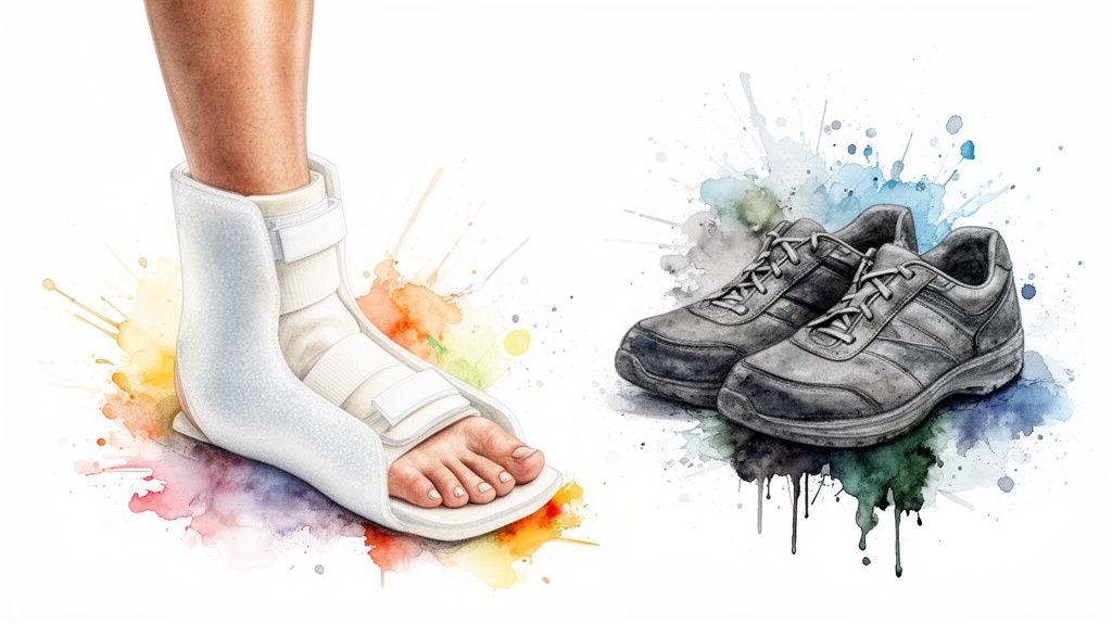 A person's leg in a white medical boot stands next to a pair of grey sneakers with watercolor splashes.