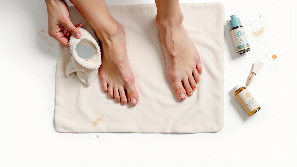 A person's feet on a light mat with hands holding a mirror for foot care products.