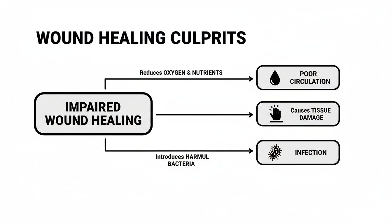 A diagram illustrating factors that impair wound healing: poor circulation, tissue damage, and infection.