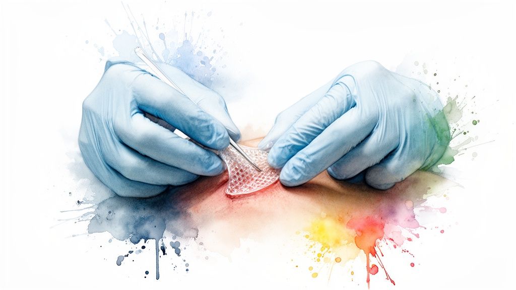 Gloved hands meticulously apply a hexagonal mesh material to skin, suggesting a wound healing or surgical procedure.