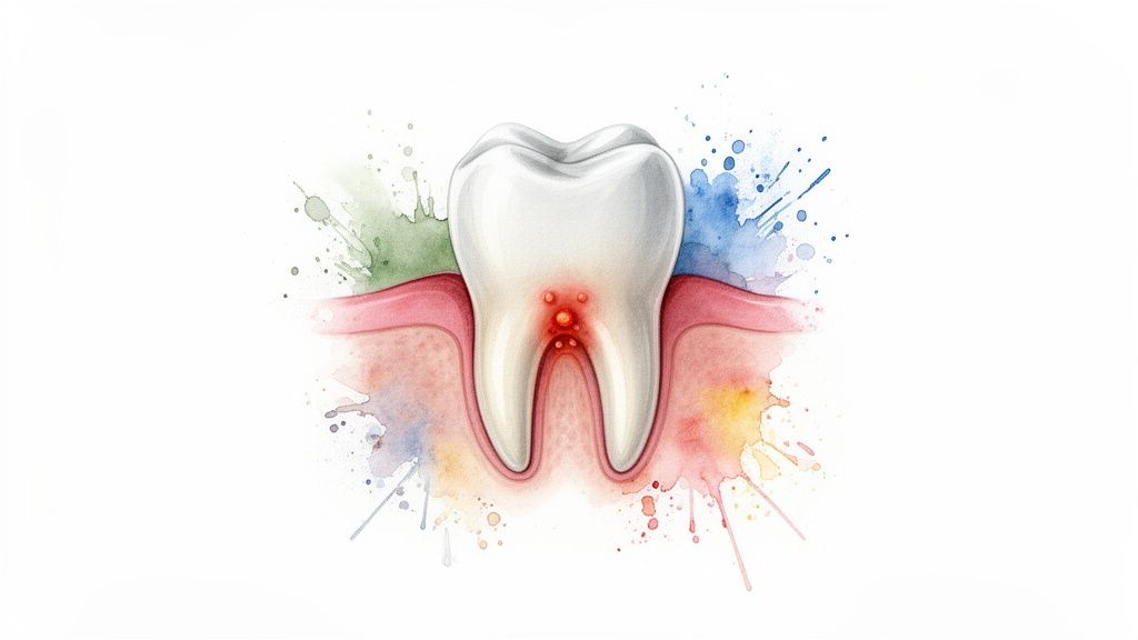Dental illustration of a tooth showing a gum abscess with visible inflammation and infection.