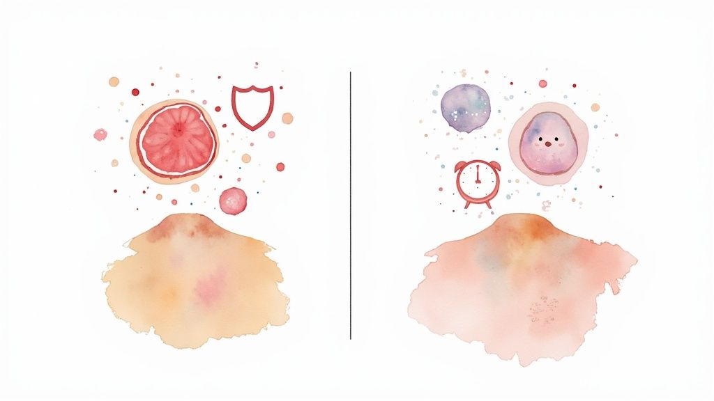 Watercolor illustration comparing grapefruit and shield with a cell, clock, and purple orb over skin.