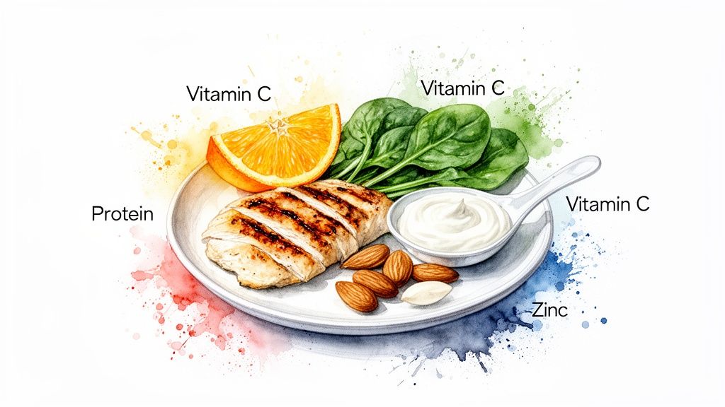 A plate featuring grilled chicken, orange, spinach, almonds, and yogurt, labeled with protein, Vitamin C, and zinc.
