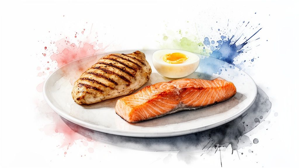 A plate featuring grilled chicken, cooked salmon, and a hard-boiled egg, surrounded by colorful watercolor splashes.