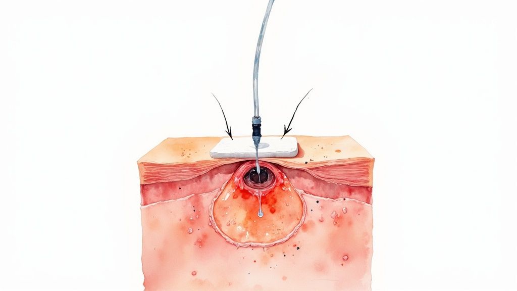 A cross-sectional diagram illustrating a negative pressure wound therapy (NPWT) device on skin.