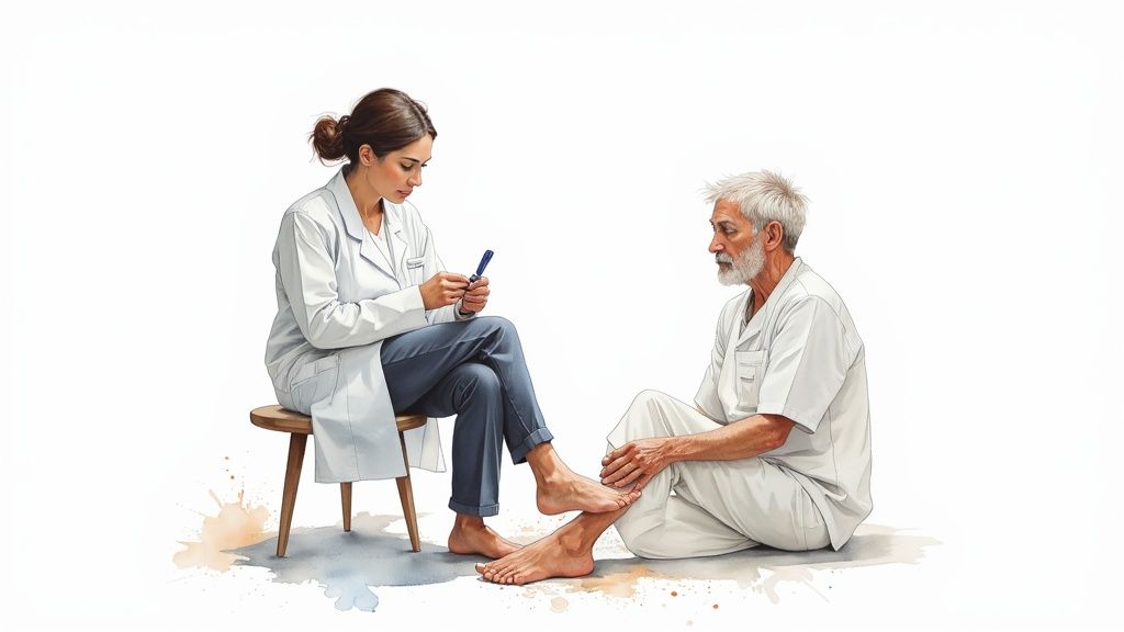 Female medical professional with a device sits near an elderly patient holding his foot.