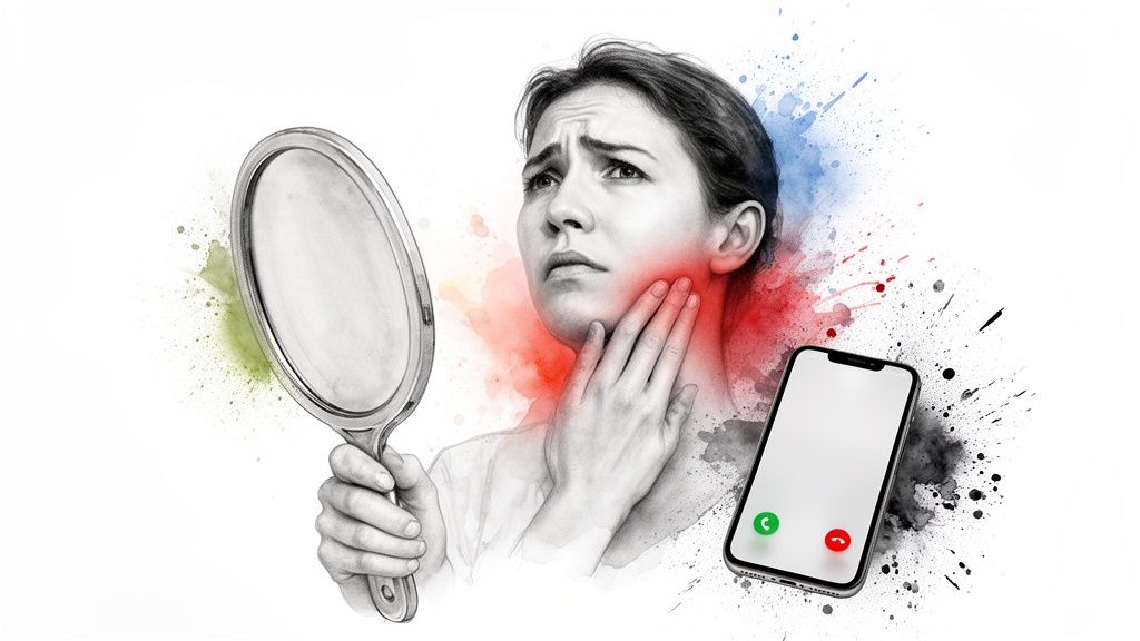 A worried woman holds a mirror, touching her painful jaw with red, blue, green splashes and a phone nearby.