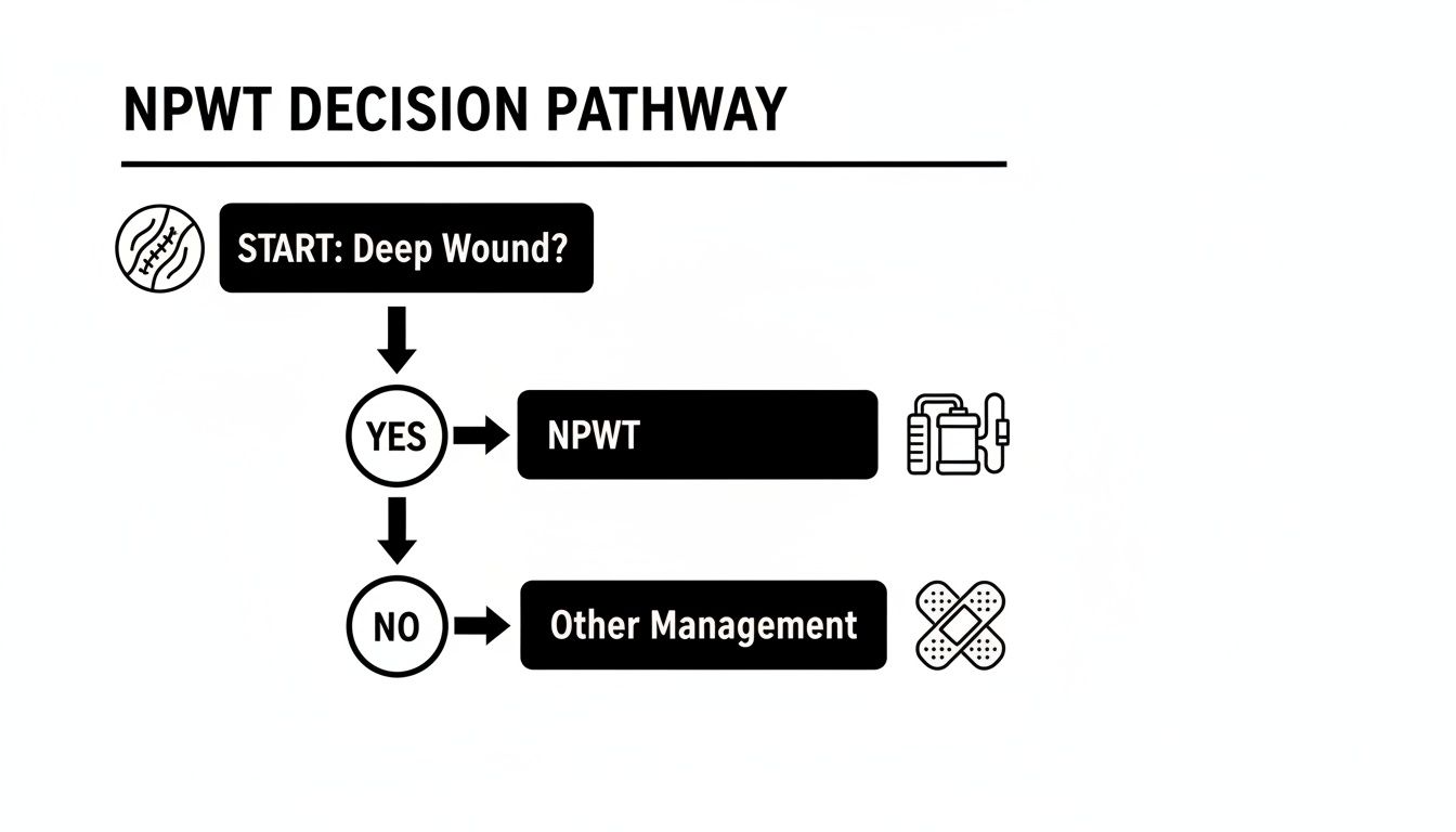 Decision pathway flowchart for NPWT based on whether a wound is deep or not.