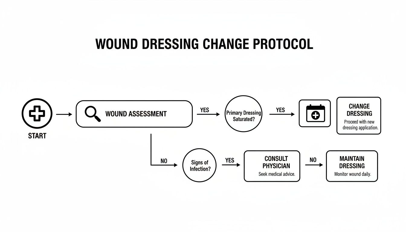 Flowchart illustrating a wound dressing change protocol, guiding decisions based on wound assessment and dressing condition.