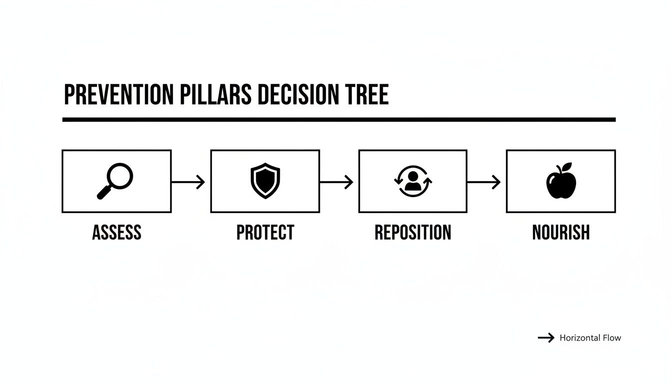 A prevention pillars decision tree showing four steps: Assess, Protect, Reposition, and Nourish with icons.