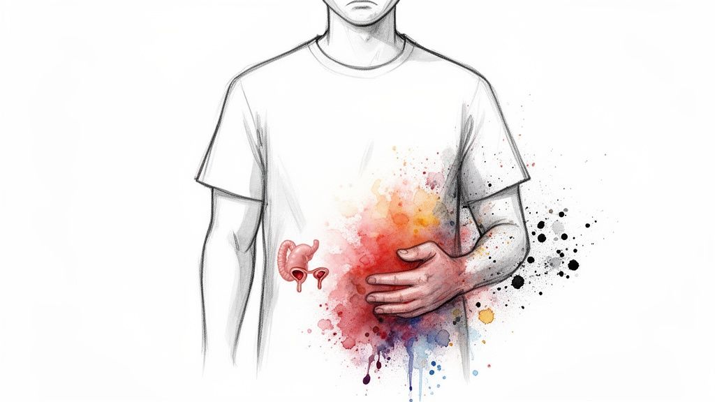 Illustration of a person holding their painful right abdomen, with watercolor splatters and internal organs.