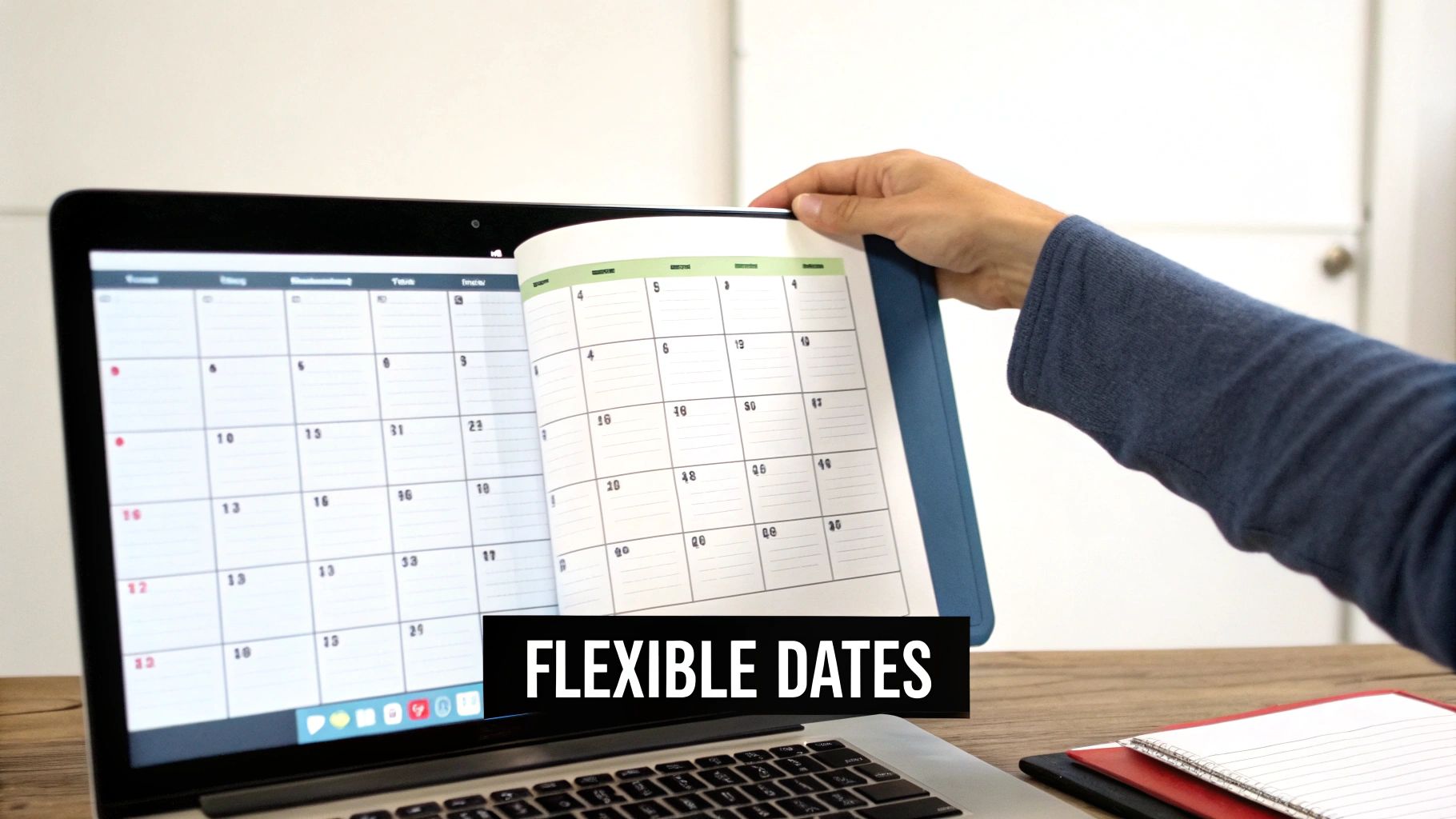 A serene beach in Thailand with a traditional longtail boat, viewed from a calendar interface highlighting flexible travel dates.